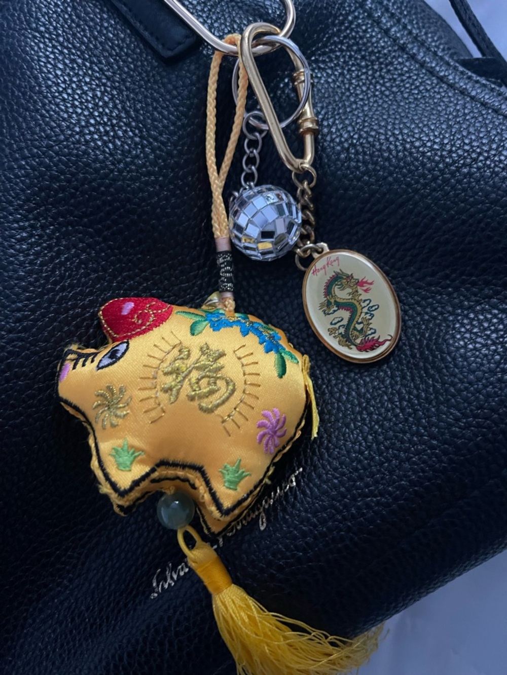 Purse Bag Charm Vintage  Hong Kong Keychain Chinese Zodiac Pig Disco Ball Asian